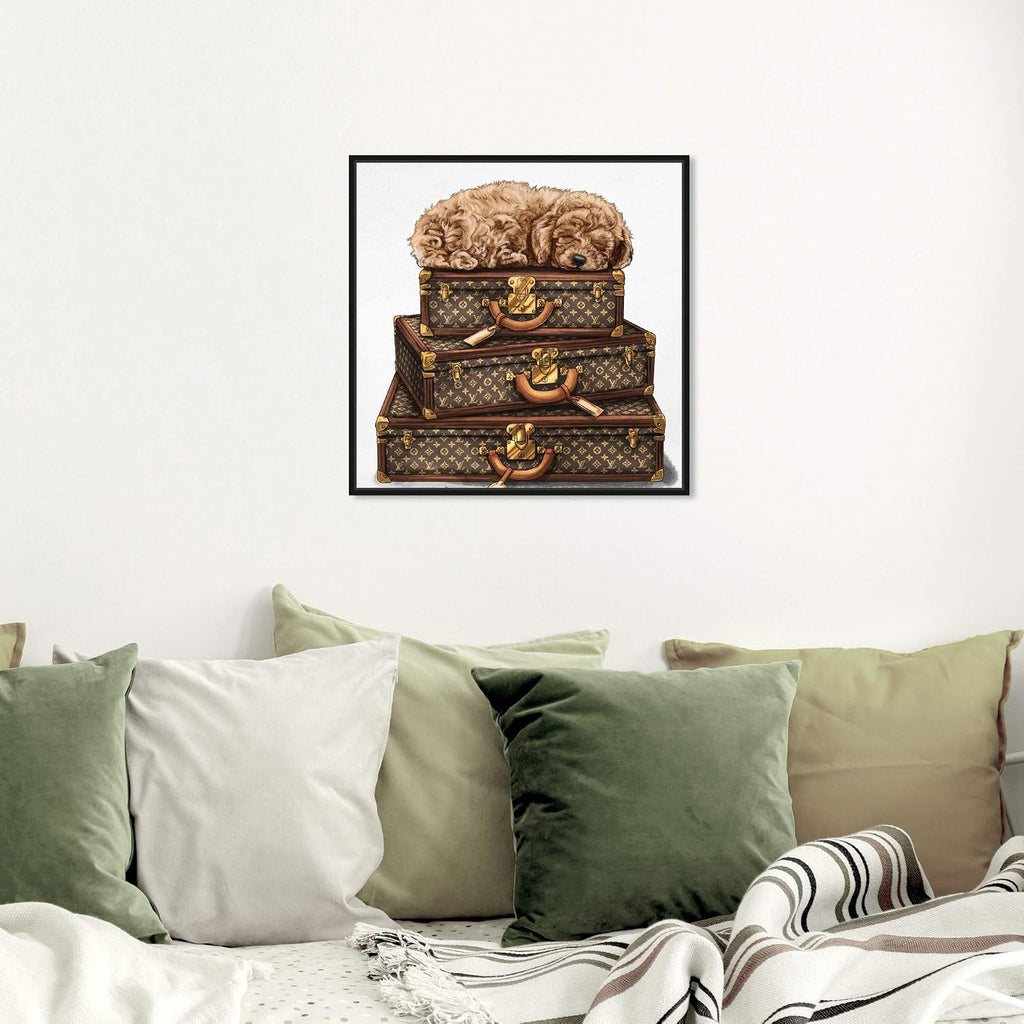 The Oliver Gal Artist Co. Fashion and Glam Framed Wall Art Canvas Prints 'Sleeping Poodle' Travel Essentials Home Décor, 20 in x 20 in, Brown, White