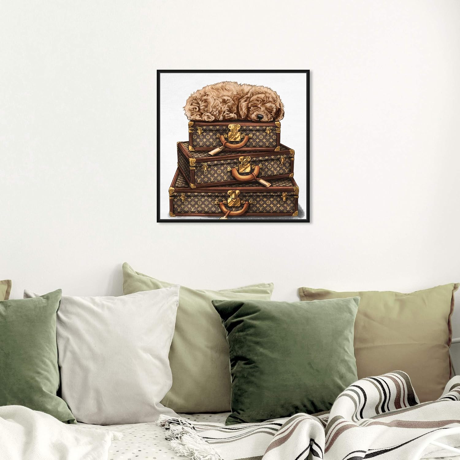 The Oliver Gal Artist Co. Fashion and Glam Framed Wall Art Canvas Prints 'Sleeping Poodle' Travel Essentials Home Décor, 20 in x 20 in, Brown, White