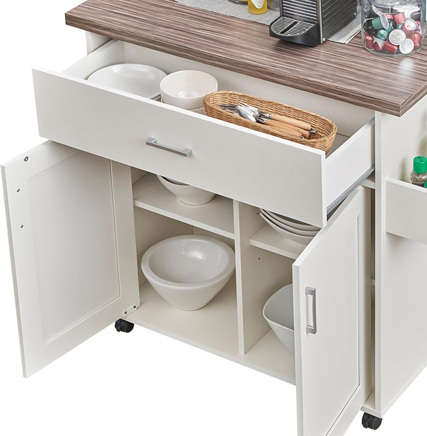 Deluxe Mobile Kitchen Island Cart with Water Resistant Top, Storage Cabinets, Adjustable Shelves, Spice Rack & Paper Towel Holder, Coffee Bar or Rolling Kitchen Cart with and Locking Wheels