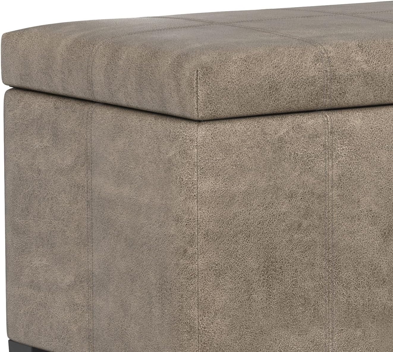 SIMPLIHOME Dover Storage Ottoman Bench - 36 inch Wide Upholstered Vegan Leather Rectangular Lift-Top Ottoman in Distressed Smoky Grey Brown, Contemporary Bench for Living Room with Safety Hinges