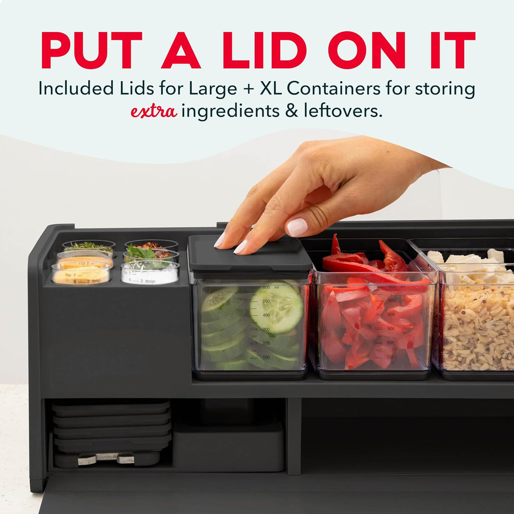 Prepdeck Gen 2 Recipe Prep & Storage Station - 8 Essential Tools + Deluxe Cutting Board, 14 Plastic Containers + Super-Seal Lids, Removable Trash Compartments, Tablet Stand Included - Midnight Black