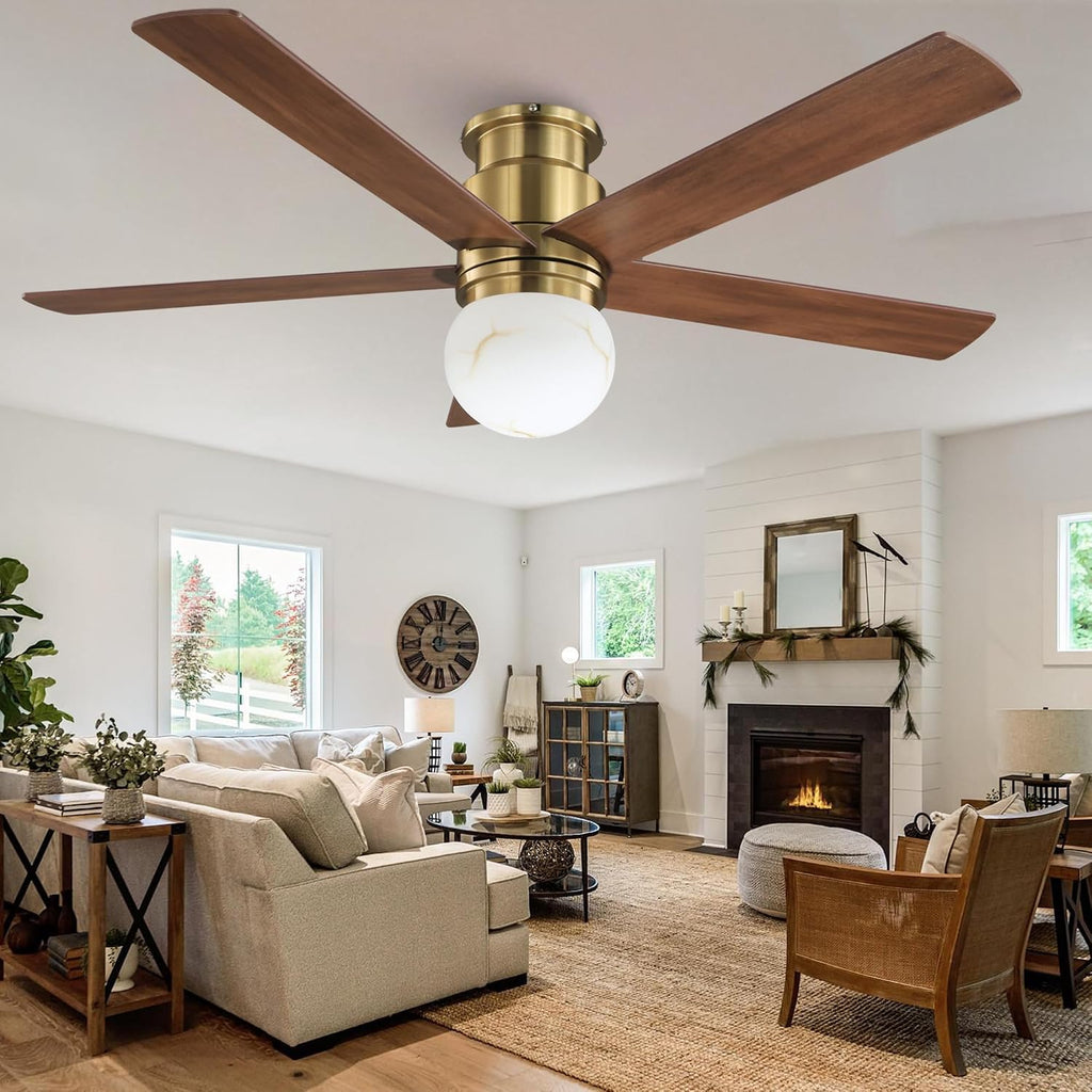 52' Low Profile Ceiling Fan with Light, Modern Flush Mount Brushed Gold Ceiling Fan Remote, Dimmable LED 3 Color Temp, Quiet Reversible DC Motor, Dual-Finish White/Walnut Blades