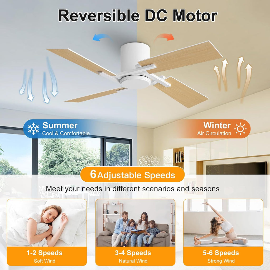 WINGBO 48 Inch Flush Mount Ceiling Fan without Light - 4 Plywood Blades, 6-Speed Reversible DC Motor, Noiseless Low Profile Ceiling Fan No Light for Bedroom Living Room, White and Oak/White