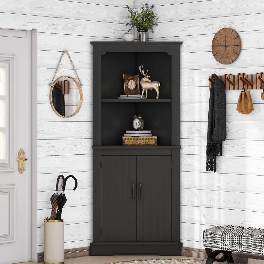 KEIKI 69.3' Corner Storage Cabinet with Round Edges, 2 Open Shelves and Door for Maximum Storage in Small Spaces, Stylish - Black