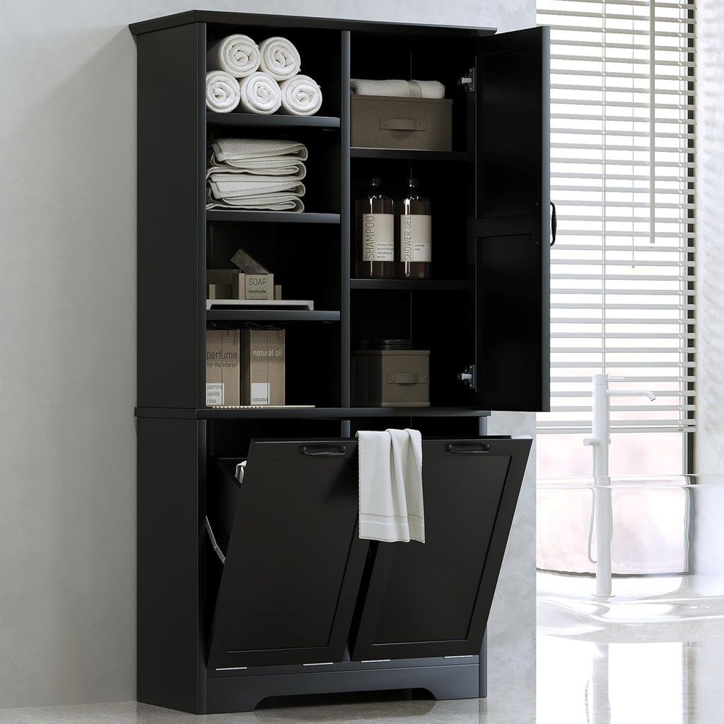 Merax Cabinet with Tilt-Out Laundry Hamper Basket, Tall Bathroom Storage Organizer Linen with Open Shelf for Home, Freestanding, Black