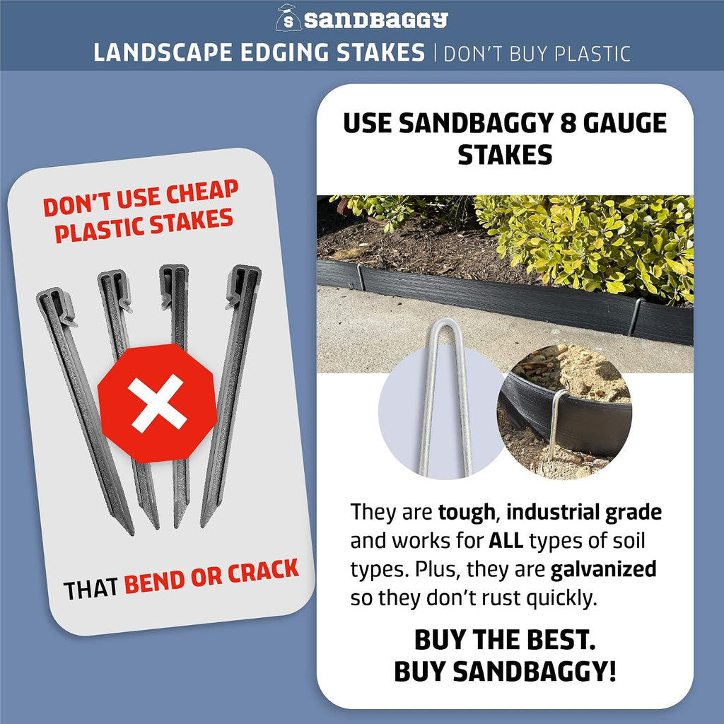 Sandbaggy 10-Inch Steel Landscape Edging Stakes Staples | More Sturdy Than Plastic Stakes | Works for All Landscape Edging Brands Such As Dimex & Easy Flex (300)