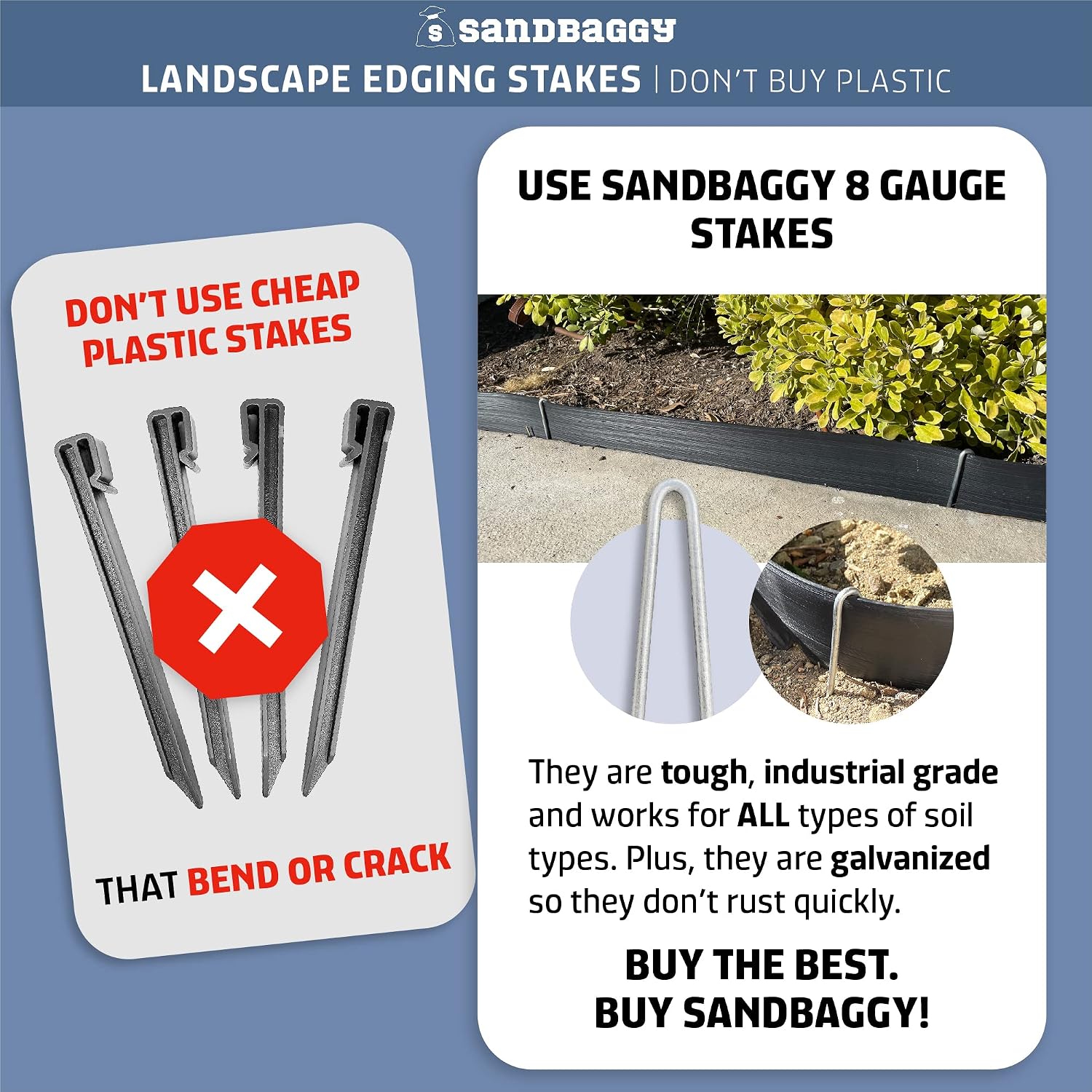 Sandbaggy 10-Inch Steel Landscape Edging Stakes Staples | More Sturdy Than Plastic Stakes | Works for All Landscape Edging Brands Such As Dimex & Easy Flex (300)