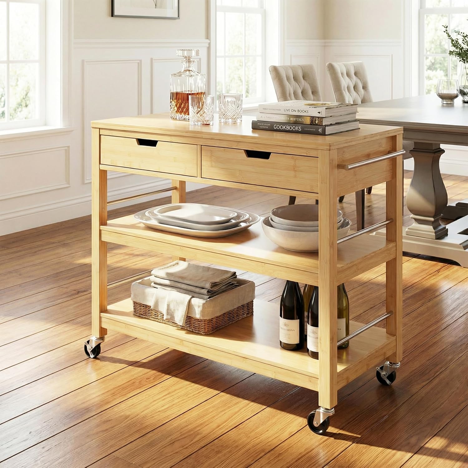 Christopher Knight Home Metis Bamboo Rolling Bar Cart with Storage, Kitchen Island on Wheels with Drawers, Mobile Kitchen Cart Storage Cabinet, Rolling Serving Cart, Shelf Rack Organizer, Natural