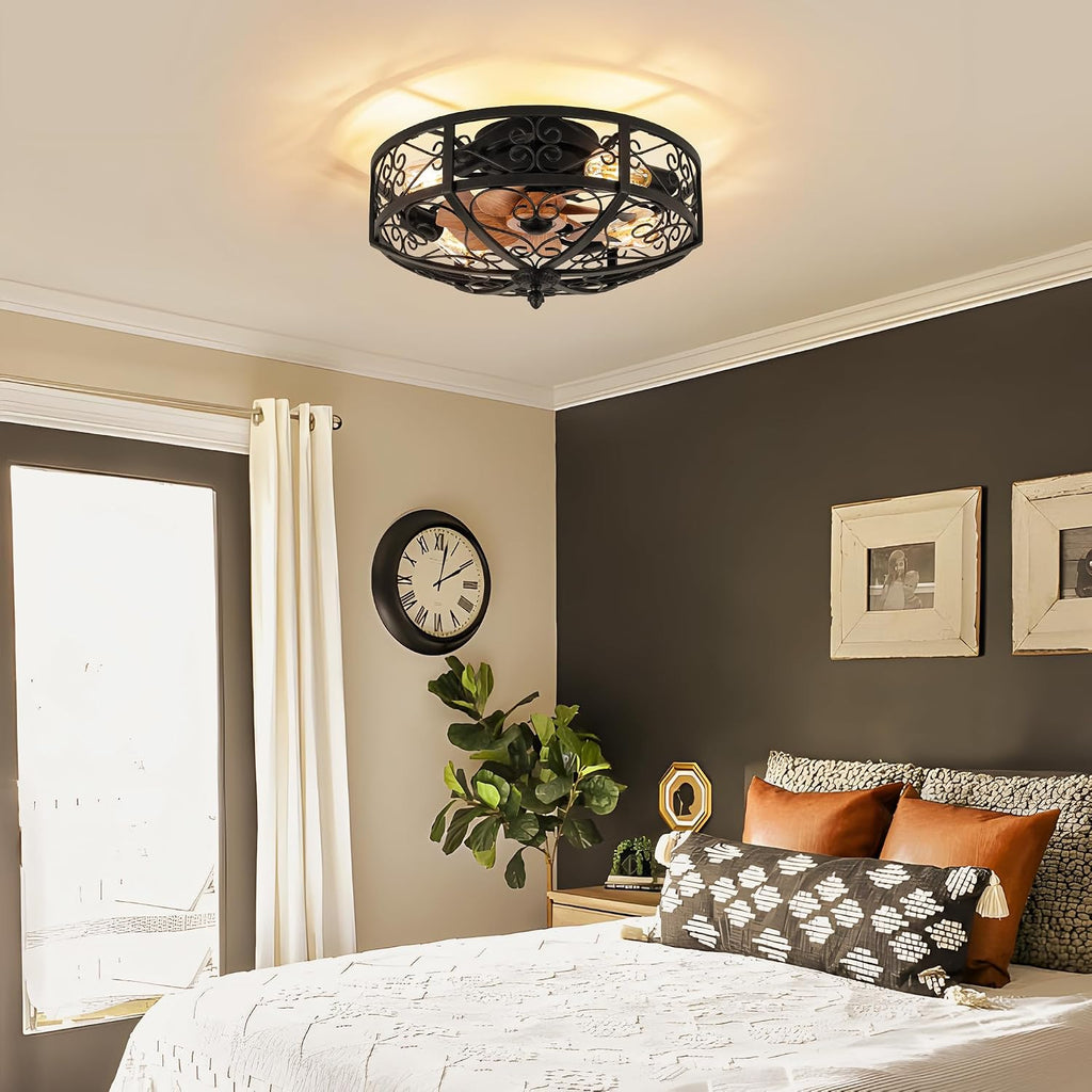 TIFEROR Vintage Ceiling Fan with Light, 20' Modern Enclosed Ceiling Fan with Remote Control, Low Profile Flush Mount for Hallway, Kitchen, Bedroom (Black, 5 E26 Bulbs Included)
