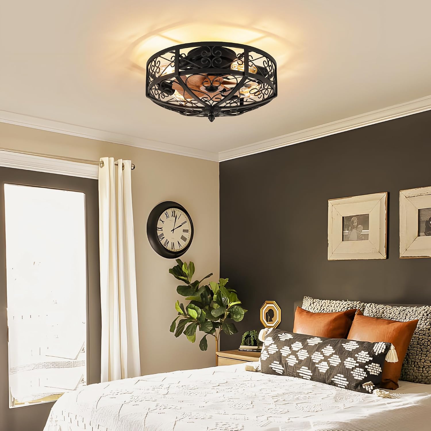 TIFEROR Vintage Ceiling Fan with Light, 20' Modern Enclosed Ceiling Fan with Remote Control, Low Profile Flush Mount for Hallway, Kitchen, Bedroom (Black, 5 E26 Bulbs Included)