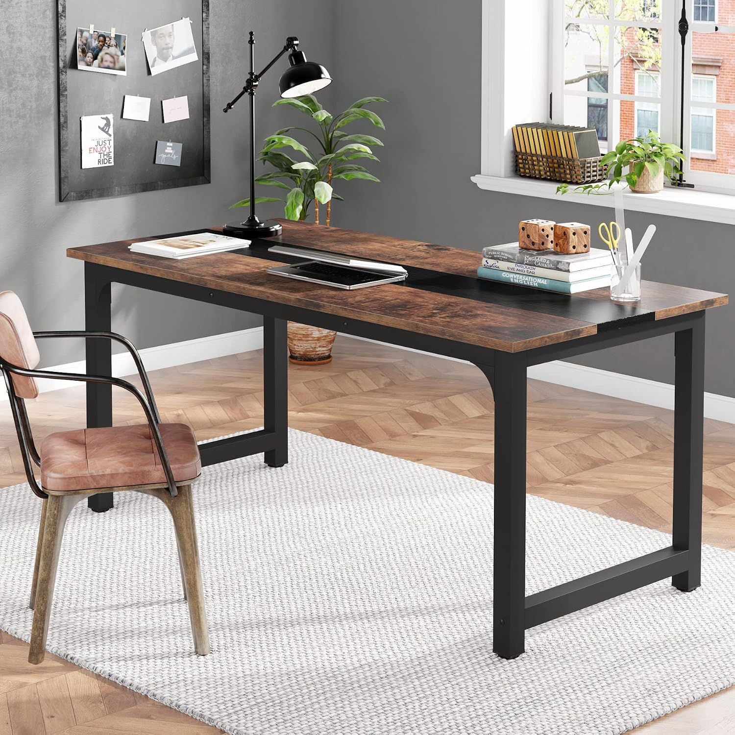 Tribesigns 70.8'Executive Desk, Large Office Computer Desk with Thicken Frame, Modern Simple Workstation Business Furniture for Home Office, Vintage Brown/Black