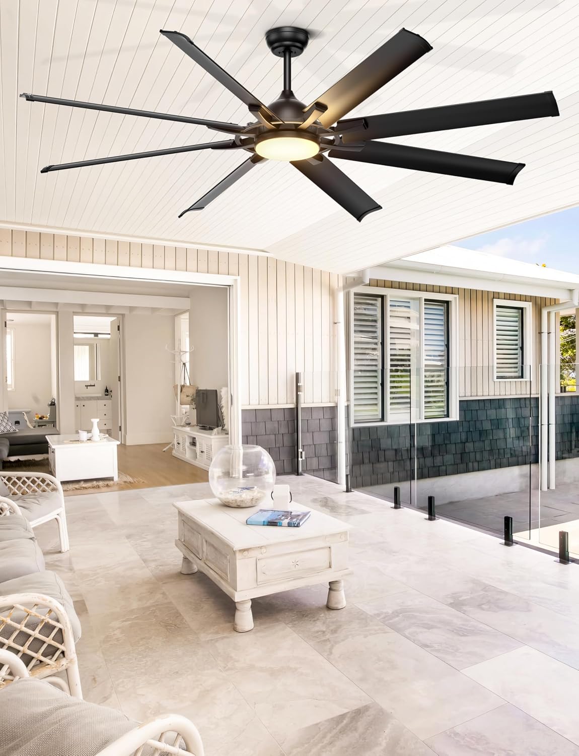 Ohniyou 72 Inch Industrial Ceiling Fan with Lights Remote Control, Black Large Ceiling Fan with 8 Aluminum Blades, 3 CCT, 6-Speed Quiet DC Motor for Living Room, Covered Outdoor, Shop, Garage