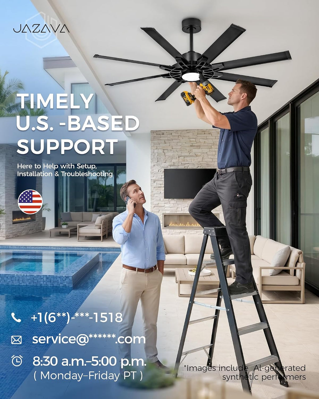 60 Inch Ceiling Fan with Light, Black Indoor Outdoor Ceiling Fan with 8 Aluminium Metal Blades, Smart Fan with Alexa, Modern Quiet Fan for Patio, Garage, Living Room, ZCCF05ABK-60