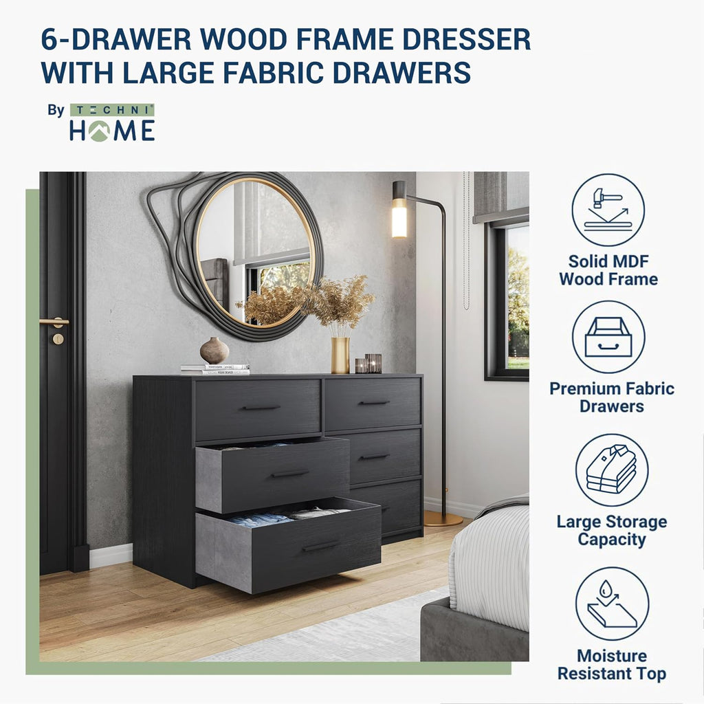 Modern 6-Drawer Dresser with Spacious Storage, Sturdy Wood Frame, Large Capacity Fabric Drawers, Dressers for Bedroom, Home Organization Storage for Living Room or Hallway, Black