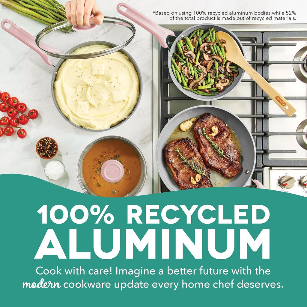 Dash Dream Green Recycled Aluminum Cookware Set - Ceramic Cookware Set - CleanCoating™ Nonstick Coating - Induction Compatible and Oven Safe - Pink, 15-Piece Set