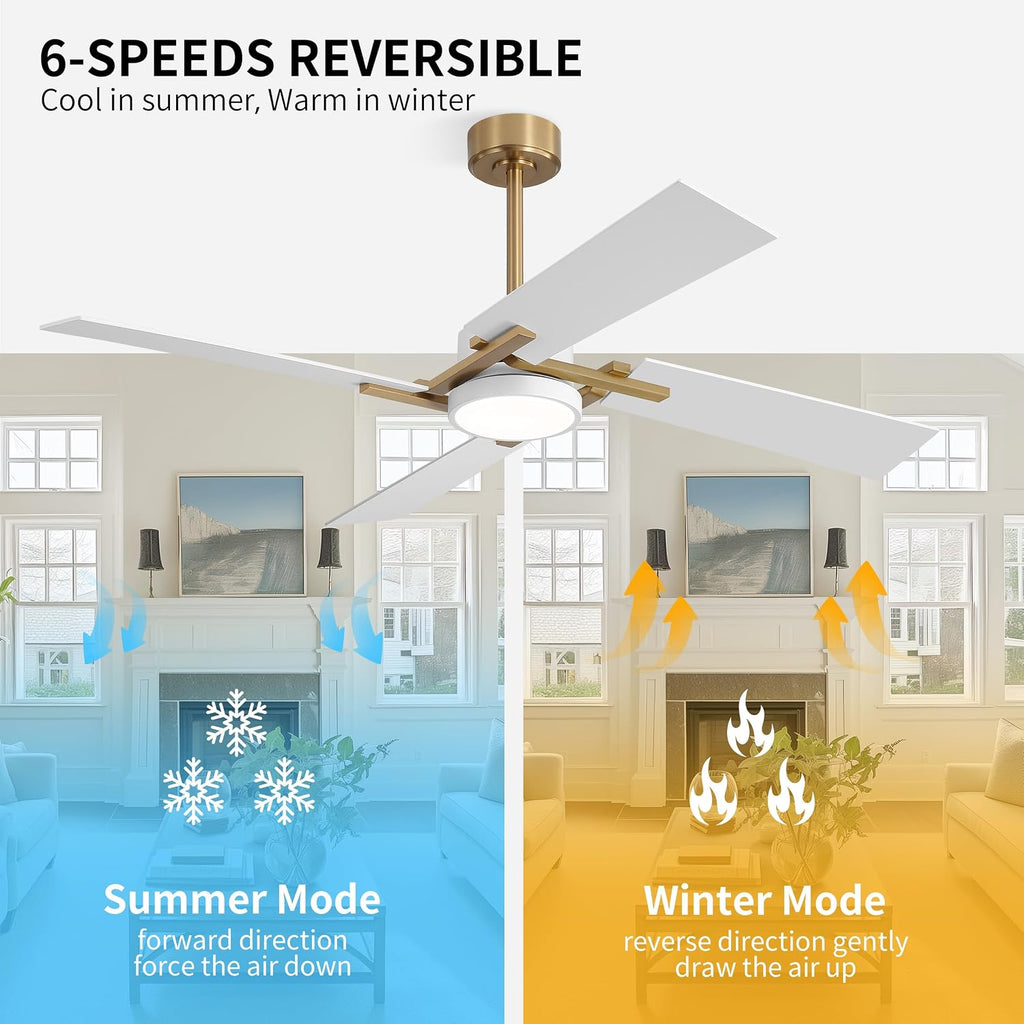 WINGBO 54 Inch Ceiling Fan with Light and Remote, 4 Plywood Blades, 6-Speed Reversible DC Motor, Dimmable, 3CCT, Farmhouse Ceiling Fan for Bedroom Living Room Kitchen, Brass and White