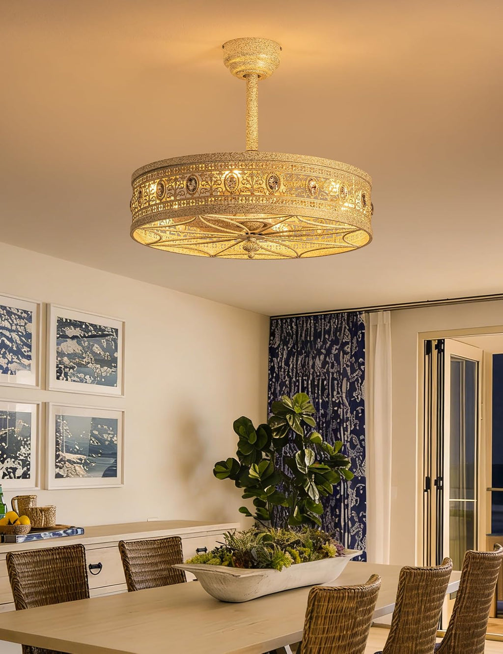 Art Deco Chandelier Ceiling Fan with Light,Antique Coastal Ornate Caged Bladeless Fandelier,Glam Statement Crystal Light Fixture,Hanging/Flush Mount for Bedroom,Dining Room,Living Room,Kitchen Island