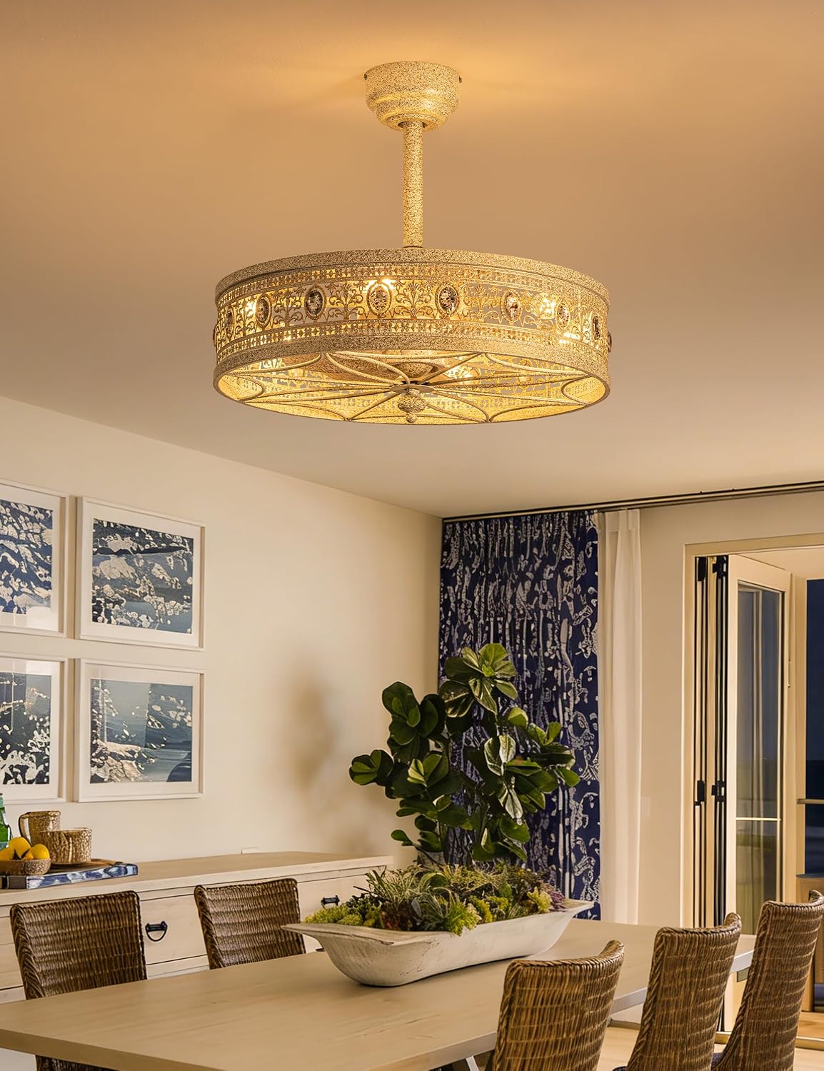 Art Deco Chandelier Ceiling Fan with Light,Antique Coastal Ornate Caged Bladeless Fandelier,Glam Statement Crystal Light Fixture,Hanging/Flush Mount for Bedroom,Dining Room,Living Room,Kitchen Island