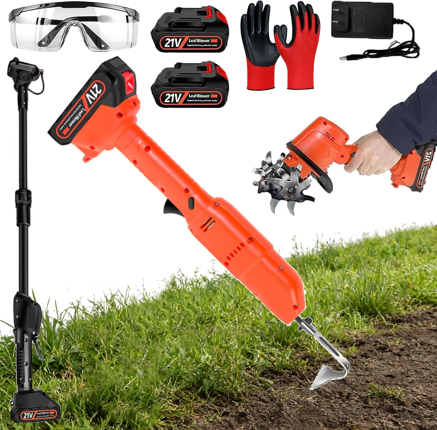 21V Cordless Mini Tiller Cultivator, 400RPM Cultivators for Gardening & Composting with 48 Steel Tines&Dual Batteries,9'Tilling Width and 6.7'Depth Garden Weeders and Cultivators (Tiller-2 batteries)