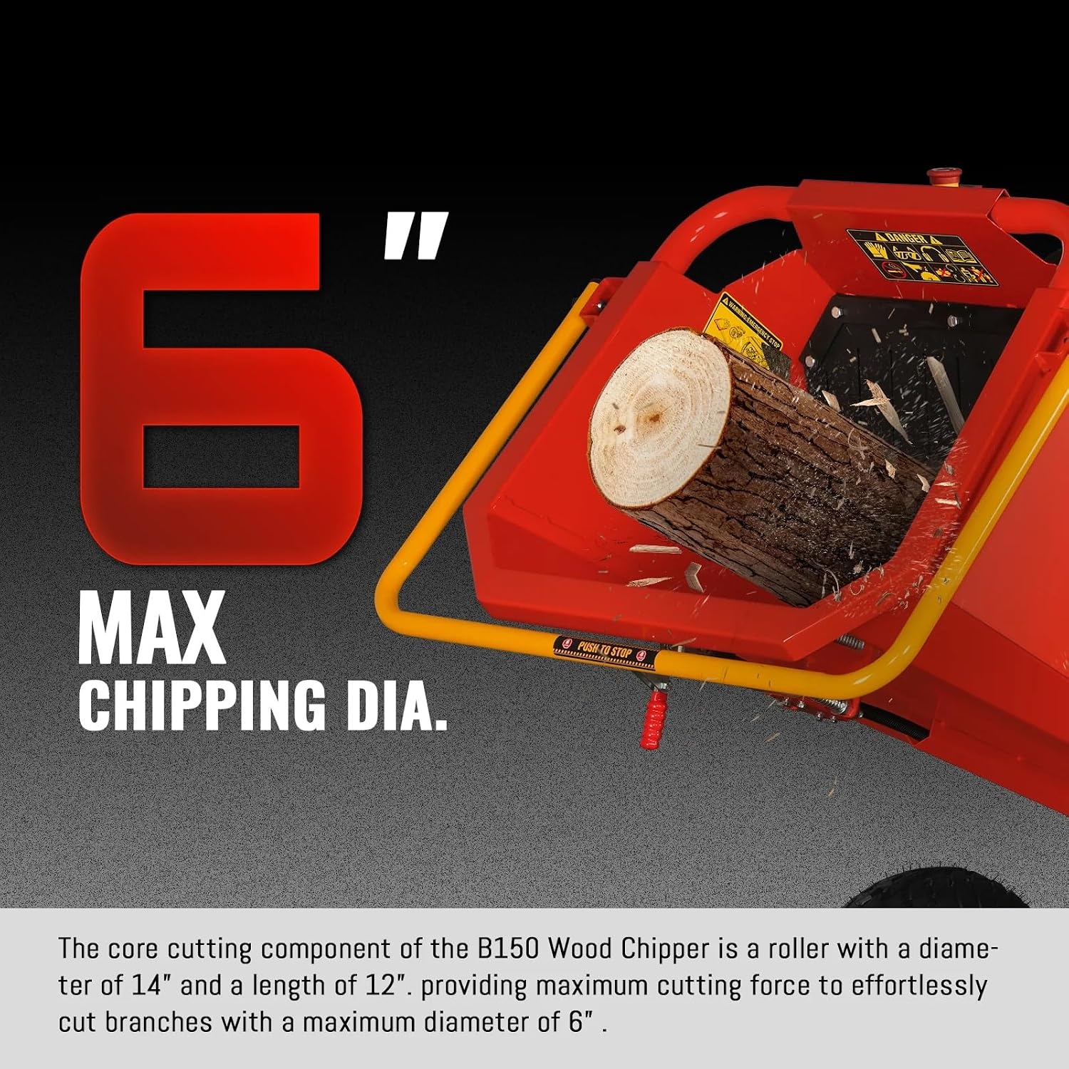 MechMaxx 6'' inch Honda 389cc 11.7HP Electric Start Gasoline Powered Engine 4-Wheels Towable Wood Chipper Shredder Mulcher with Towbar/Tail Light/Emergency Stop Button/Stop Bar, Model B150 Red