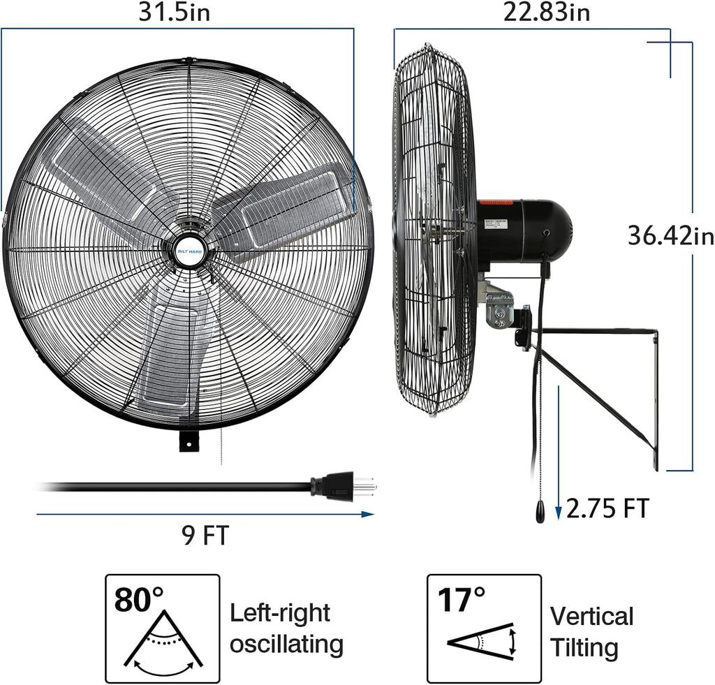 BILT HARD 9500 CFM 30 in. High Velocity Industrial Wall Fan, 3-Speed Wall Mount Oscillating Fan, Heavy Duty Air Circulator for Garage, Commercial, Warehouse, Factory, Workshops and Jobsites, 2 Pack