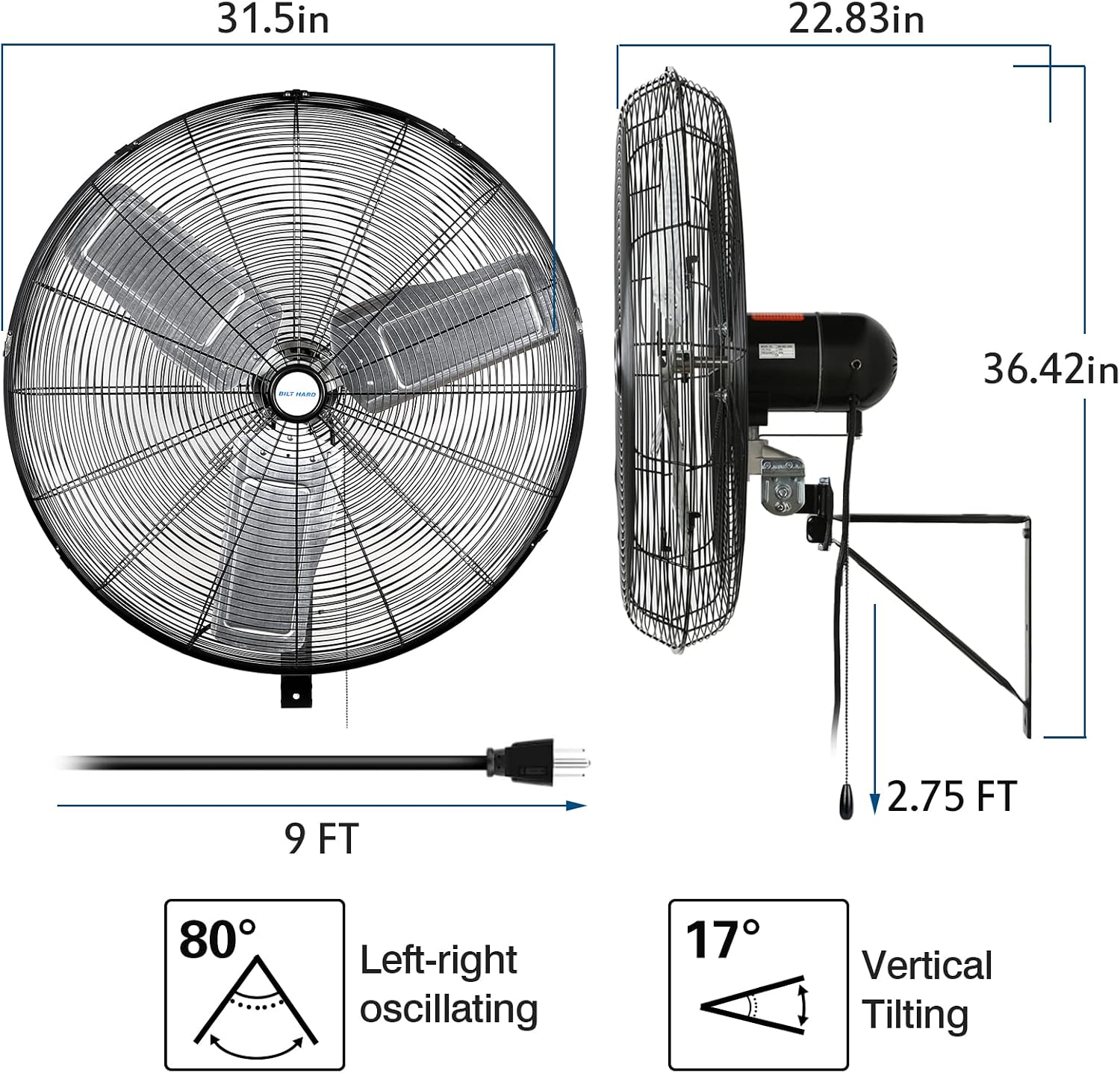 BILT HARD 9500 CFM 30 in. High Velocity Industrial Wall Fan, 3-Speed Wall Mount Oscillating Fan, Heavy Duty Air Circulator for Garage, Commercial, Warehouse, Factory, Workshops and Jobsites, 2 Pack
