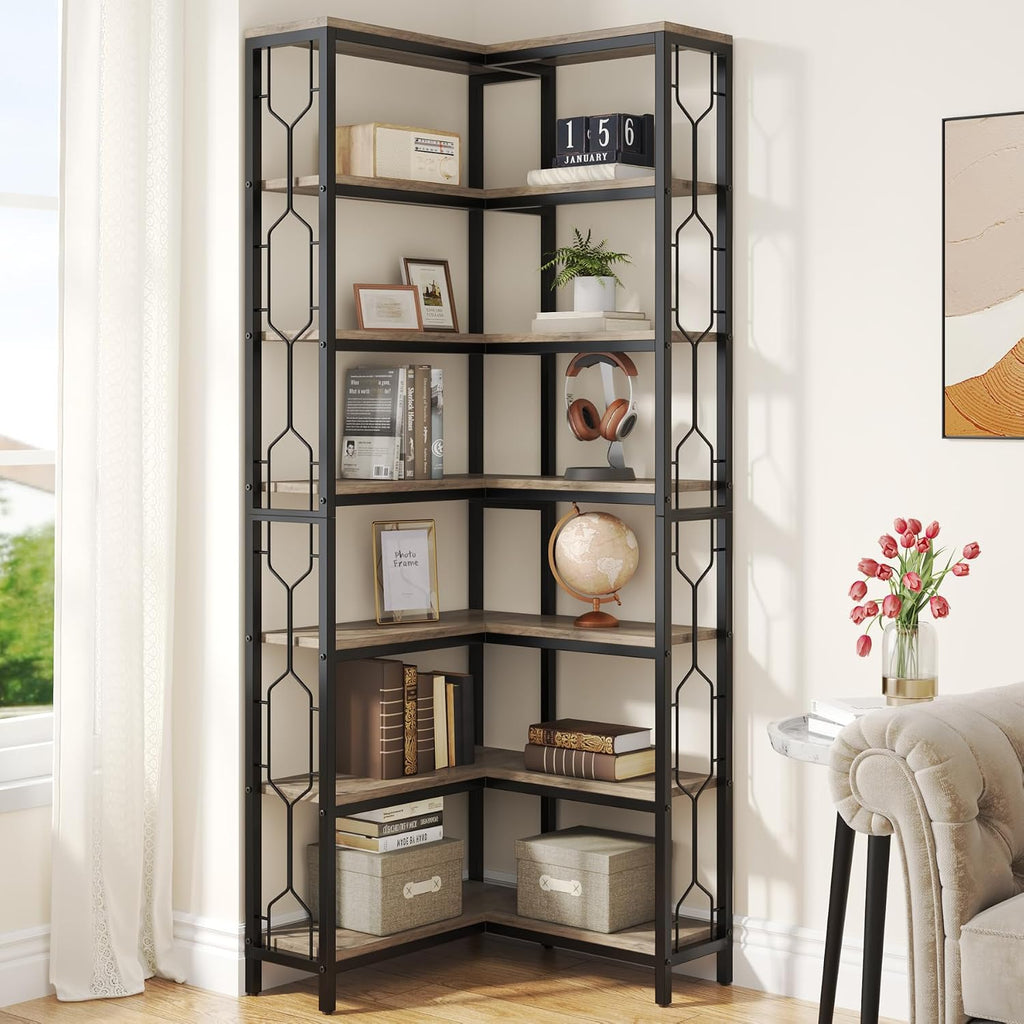 LITTLE TREE Corner Shelf, 7-Tier Industrial Corner Bookshelf, Wood and Metal Corner Etagere Bookcase, Freestanding Display Shelf for Living Room, Kitchen, Home Office, Grey