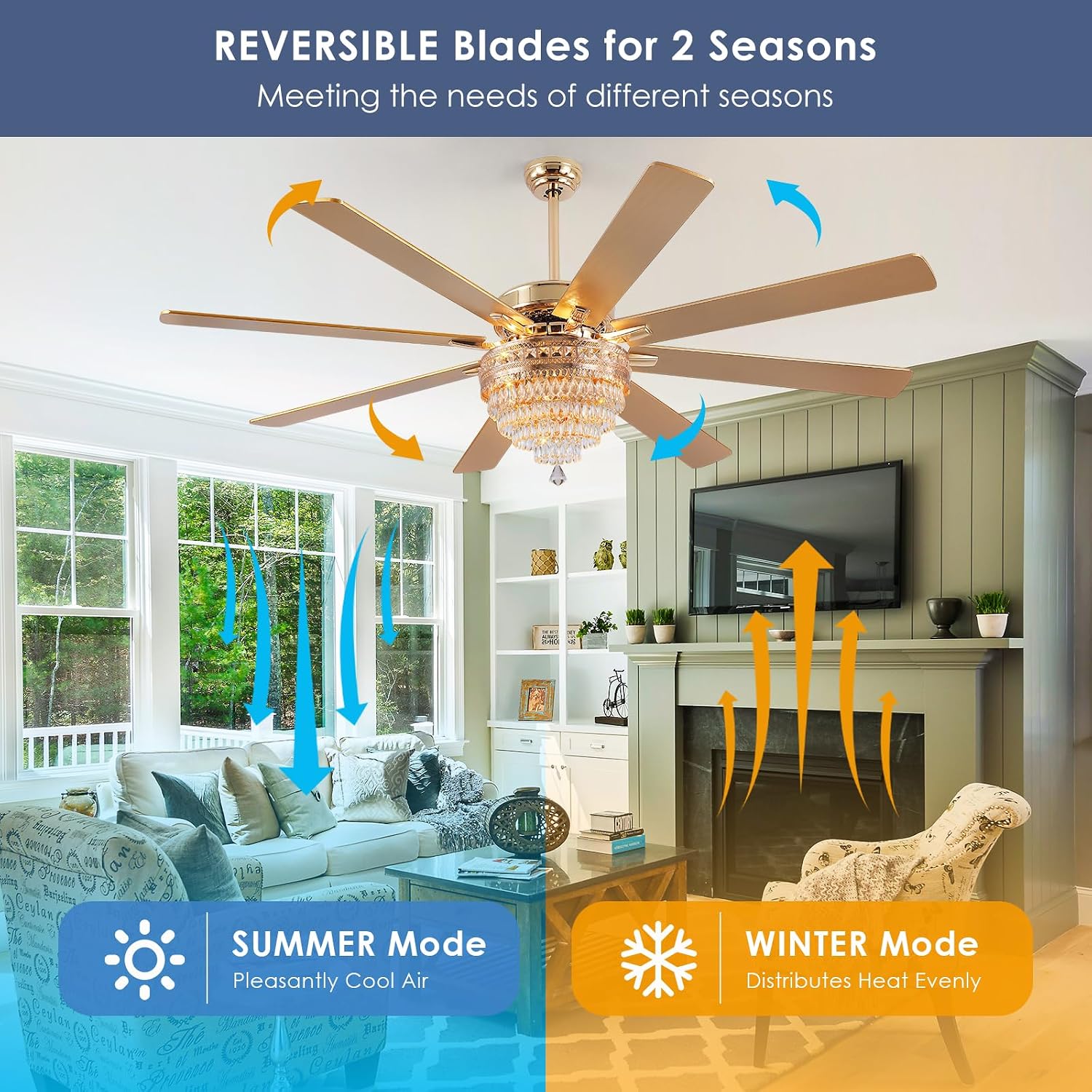 72 Inch Golden Crystal Ceiling Fan Fandelier with Lights,Large Modern Luxury Chandelier Ceiling Fans with Remote Control，Retro/Farmhouse Ceiling Fan with Light Fixture For Dining Room,Living Room