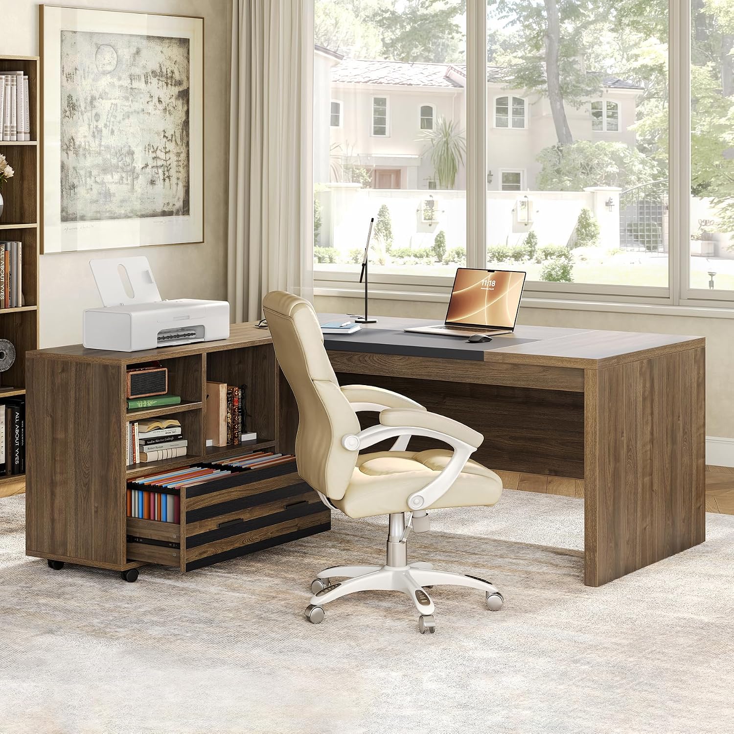 LITTLE TREE L-Shaped Computer Desk with File Cabinet Combo, 63-Inch Office Desk, 31-Inch Filing Cabinet with Storage & Drawer for A4/Letter/Legal Size File, Large Business Furniture for Home Office