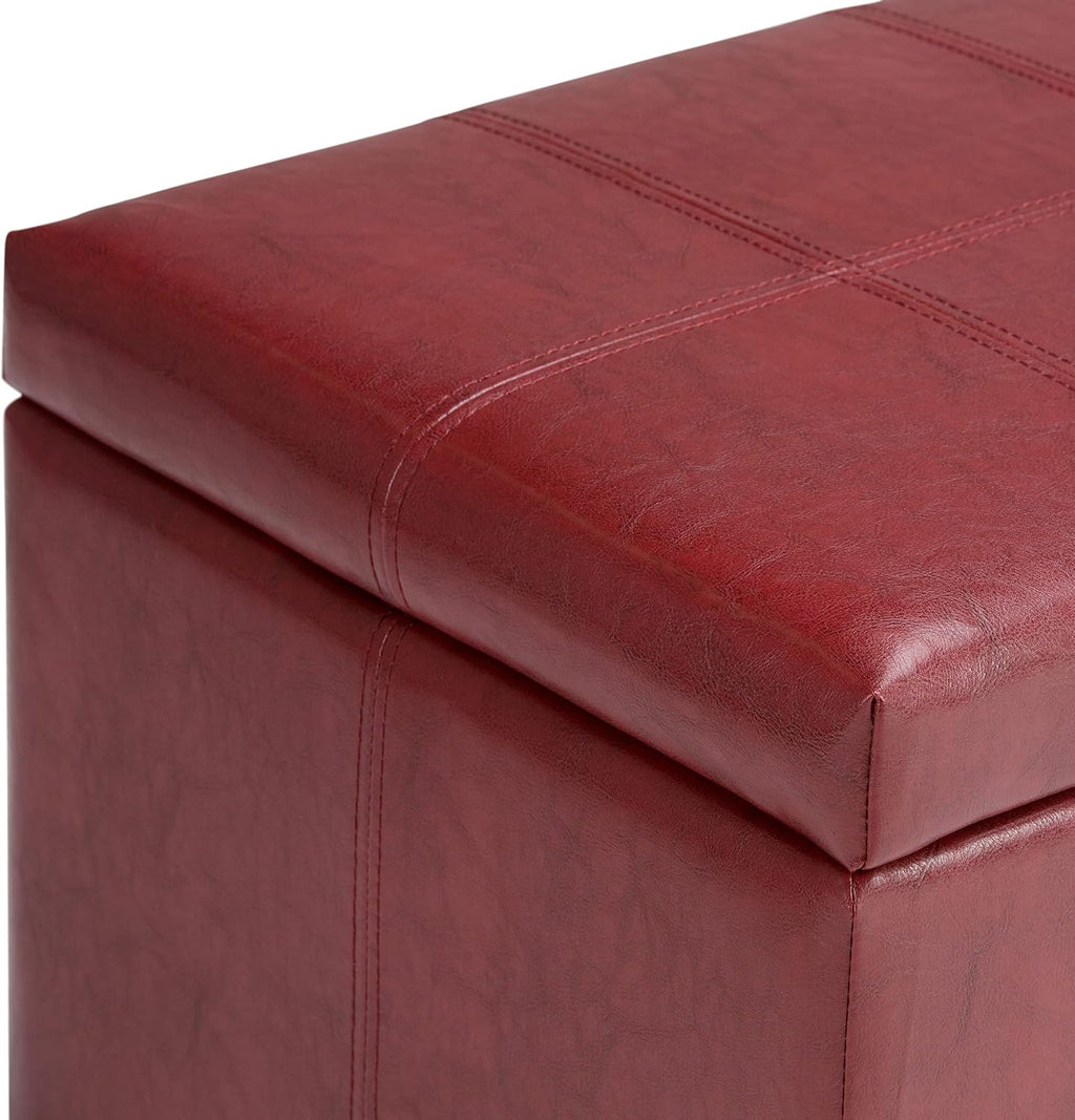 SIMPLIHOME Dover Storage Ottoman Bench - 36 inch Wide Upholstered Vegan Leather Rectangular Lift-Top Ottoman in Radicchio Red, Contemporary Bench for Living Room with Safety Hinges