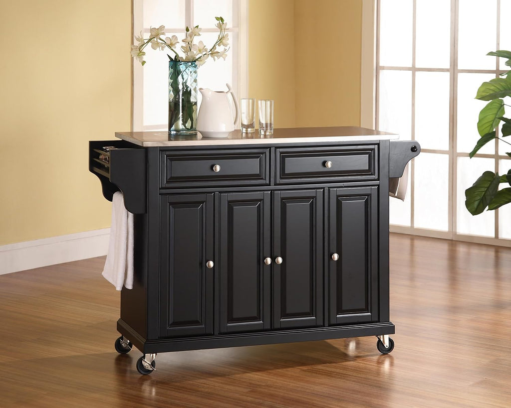 Crosley Furniture Full Size Stainless Steel Rolling Kitchen Island Storage Cart, Microwave Stand, Spice Rack, Black