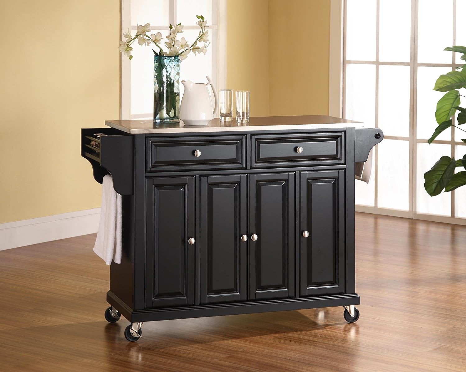 Crosley Furniture Full Size Stainless Steel Rolling Kitchen Island Storage Cart, Microwave Stand, Spice Rack, Black