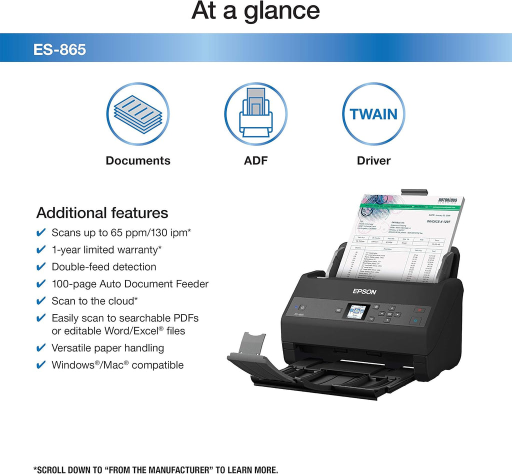 Epson Workforce ES-865 High Speed Color Duplex Document Scanner with Twain Driver