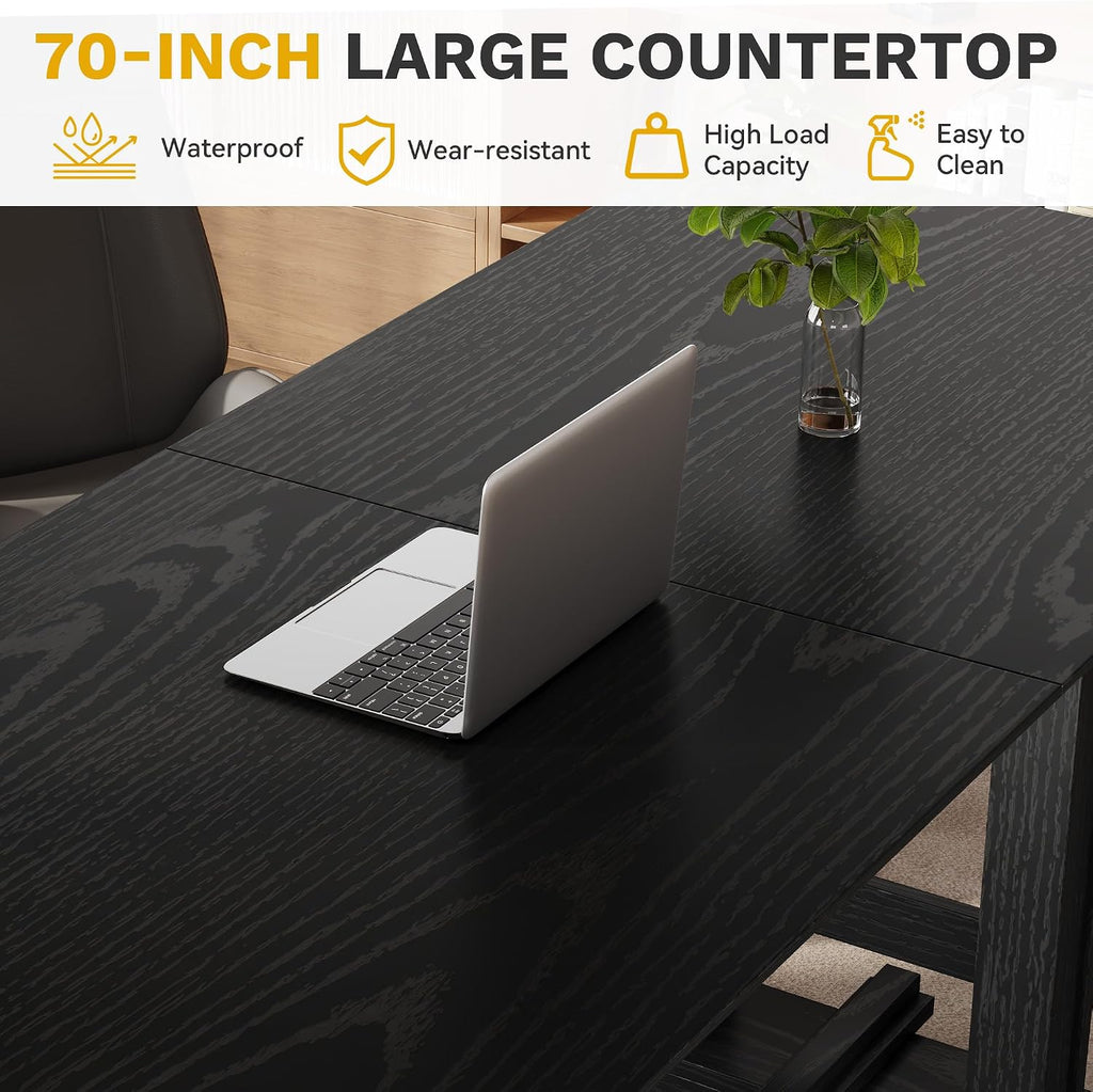 DWVO 70 Inch Computer Desk, Large Executive Office Table Workstation, Modern Farmhouse Style Laptop Wooden Sturdy Legs Writing Desk Business Furniture for Home, Black