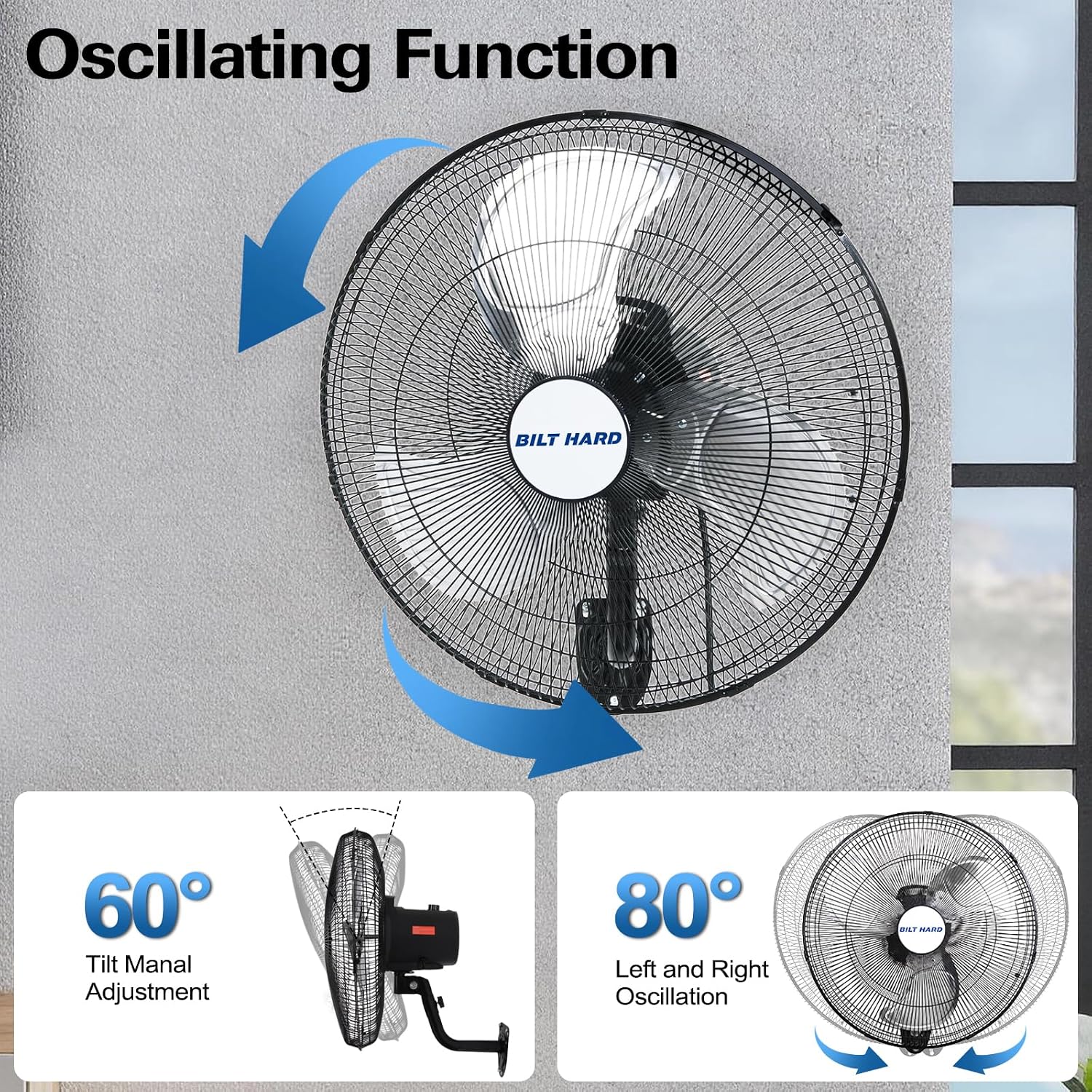 BILT HARD 20' 5200 CFM Wall Mounted Fan with Remote Control, 9-Speed Oscillating Wall Fan with DC Motor, High Velocity Whisper-Quiet Industrial Shop Fan for Garage, Warehouse