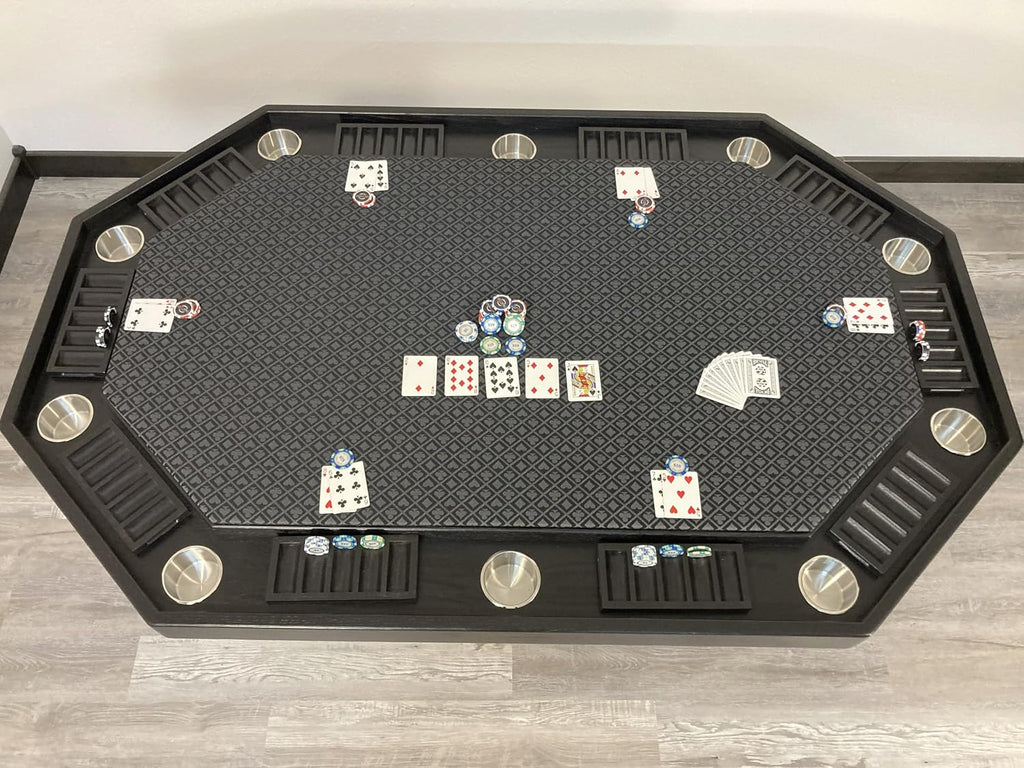 American Furniture Classics 75' Stretched Octagon Poker/Dining Table with Charcoal Speedcloth, 10 Chip Trays and Cup Holders with Table Topper in Mocha Finish