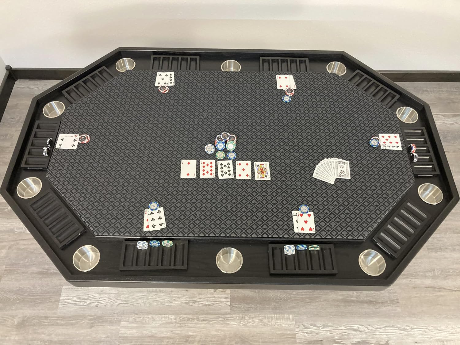 American Furniture Classics 75' Stretched Octagon Poker/Dining Table with Charcoal Speedcloth, 10 Chip Trays and Cup Holders with Table Topper in Mocha Finish