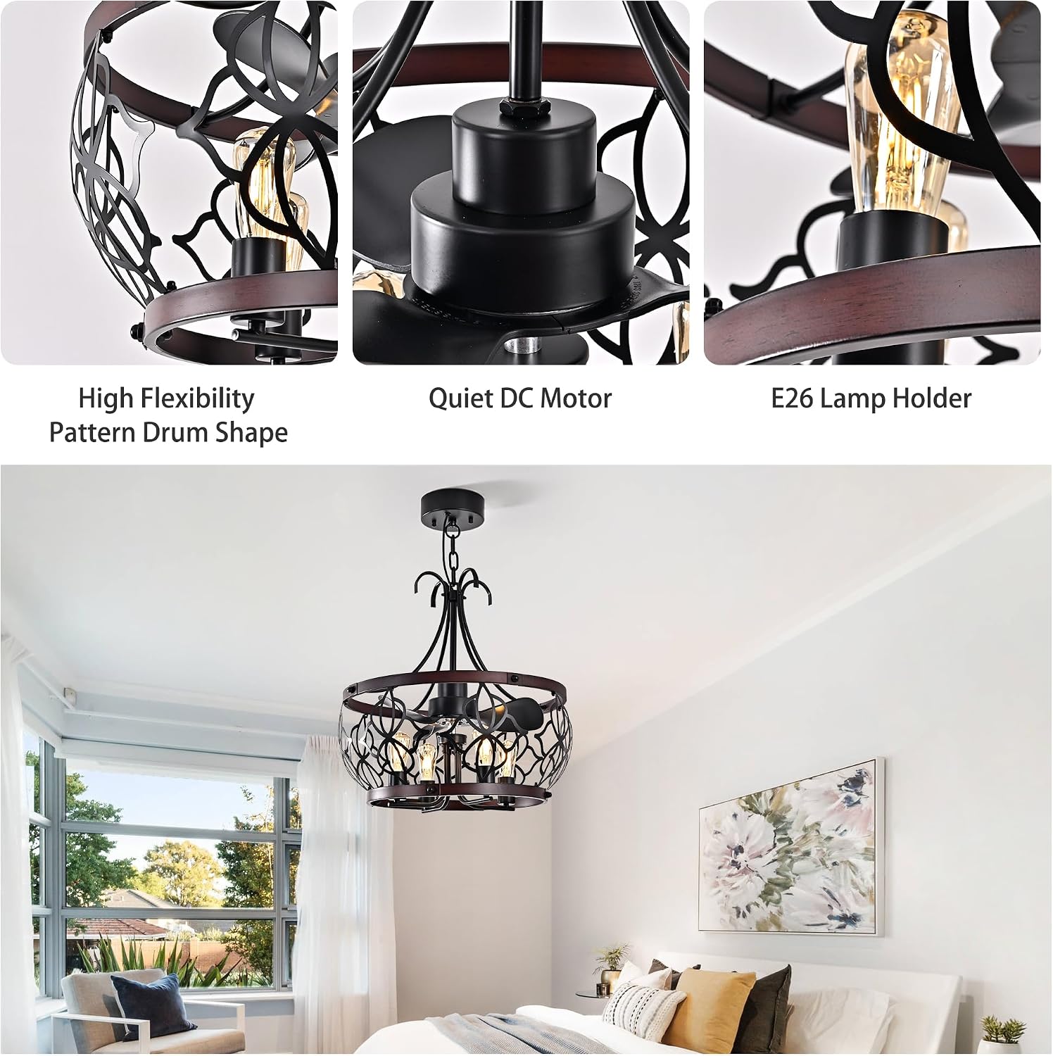 Garwarm 21 inch Ceiling Fans with Lights,Black Industrial Caged Flush Mount Ceiling Fans with Remote,Rustic Chandelier Ceiling Fan for Dining Room Bedroon Kitchen, 6 Speed Timing