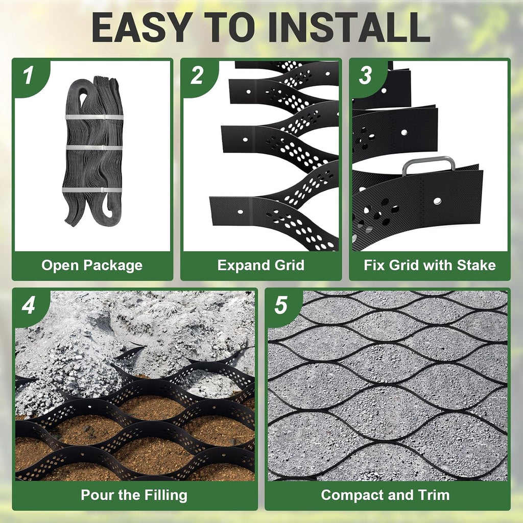 Gravel Grid 9x34 FT with 20Pcs Landscape Staples, 2'' Thick Geogrid Ground Grid 2200 lbs per Sq Ft Erosion Control Geo Grid for Driveway, Walkway, Horse Paddock, Patio, Parking Lot, Slope