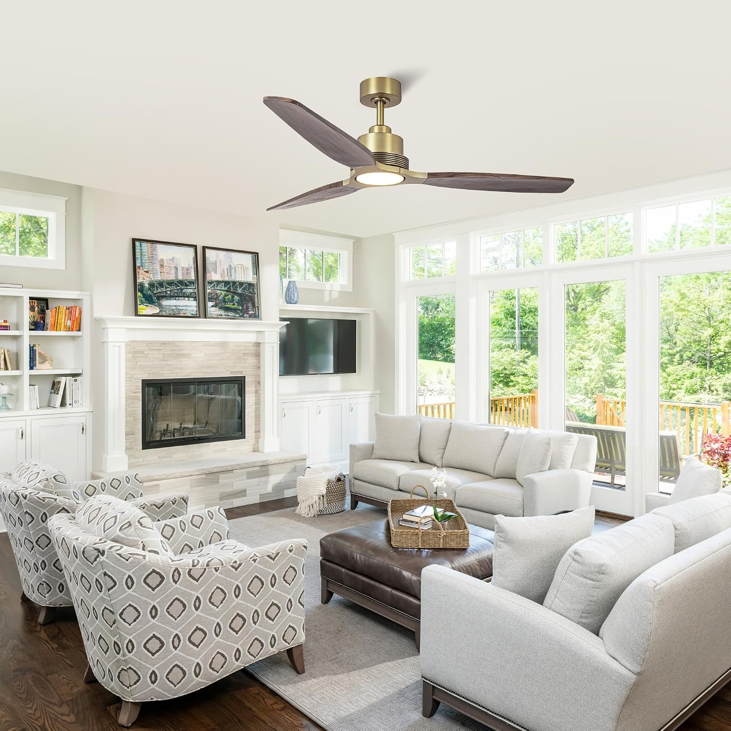 56 Inch Wood Ceiling Fan with Lights and Remote, Gold Brass Farmhouse Ceiling Fan, 3 Wood Blades, Dimmable LED, Quiet DC Motor, Reversible, Rustic Ceiling Fan for Living Room Bedroom
