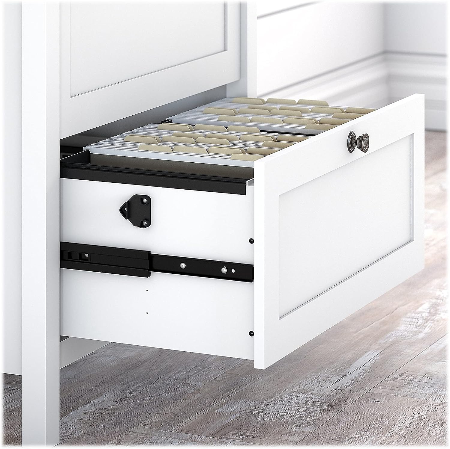 Bush Home Mayfield Bookcase with Drawers in Pure White and Shiplap Gray