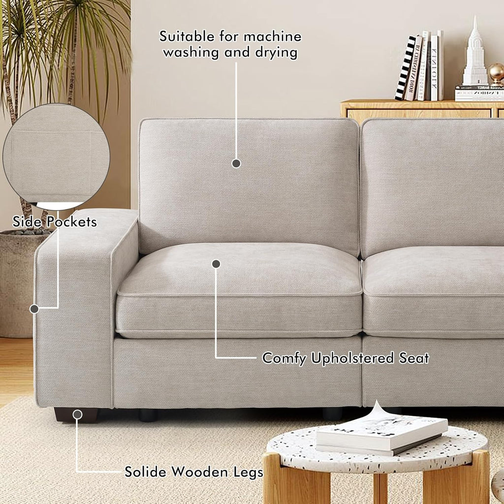 TEKAMON 128' Modular Sofa Couch with Large Seats Storage, Chenille Sofa,Modern Comfy 4-Seater Couch for Living Room, Office, Deep Seat, Wide Armrest, Side Pockets, USB Port, Removable Covers, Beige