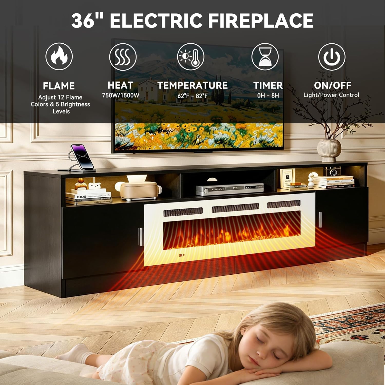 80' Fireplace TV Stand with Power Outlet, Electric Fireplace Entertainment Center with Storage Cabinets, Fits TVs up to 90', TV Console with LED Lights for Living Room, Office, Black-White