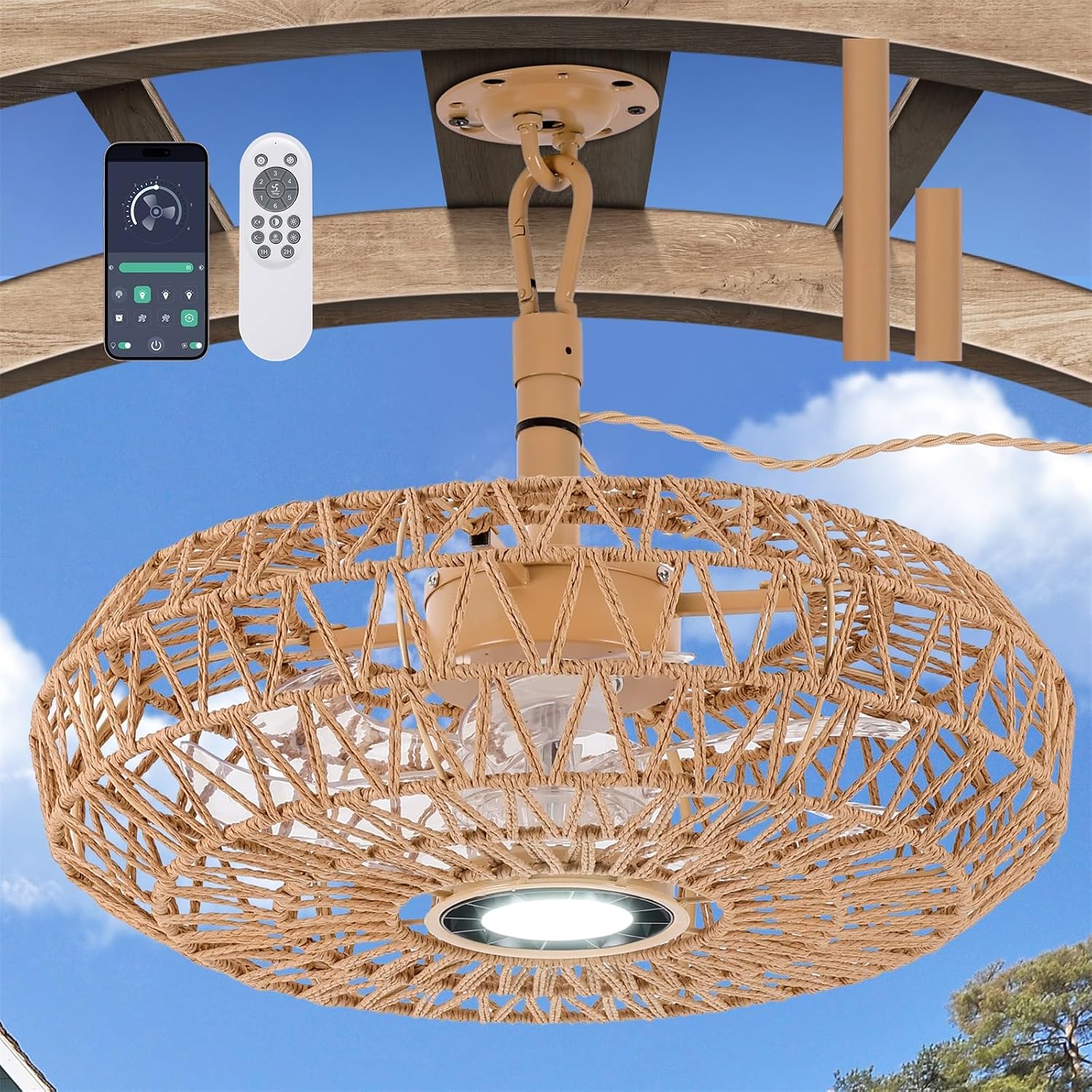 She's home 20'' Outdoor Gazebo Fan with Lights and Remote, Outside/Indoor Hanging Rattan Ceiling Fan, 3CCT Dimmable, 6-Speed DC Motor, Plug-in Wicker Woven Caged Ceiling Fans for Patio Pergola Porch