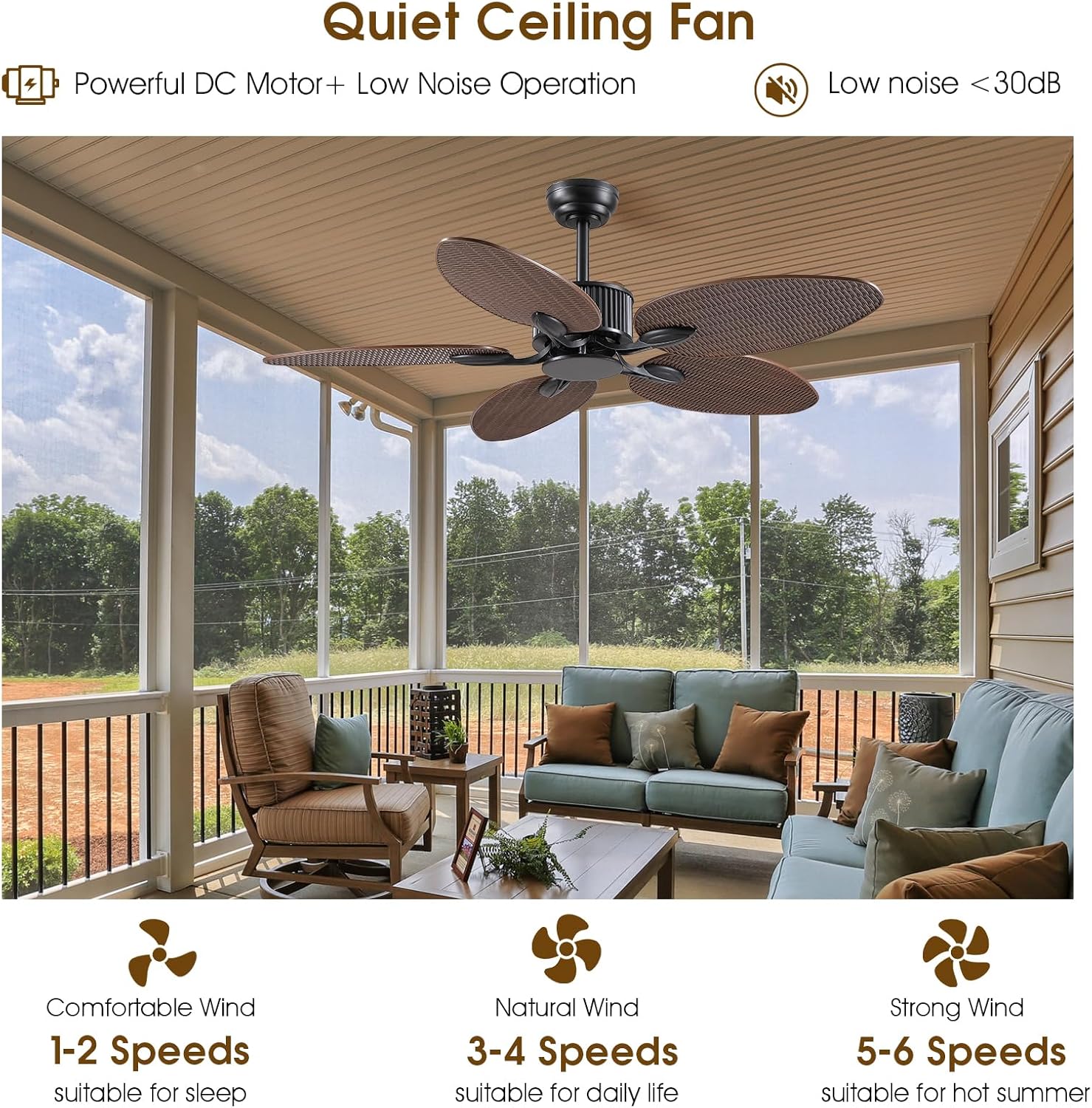 Wiviniya 50 Inch Tropical Ceiling Fan no Light, Palm Leaf Waterproof Outdoor Ceiling Fans for Patios Porch, Remote/APP Control, Wet Rated, 6 Speeds, Reversible Quiet DC Motor, Dark Brown