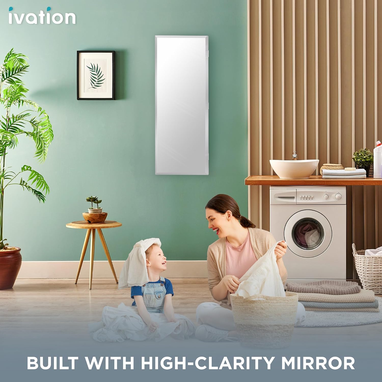Ivation Wall-Mounted Ironing Board Cabinet, Foldable Ironing Storage Station for Home, Apartment, Easy-Release Lever, Garment Hooks, with Full Mirror Door, White