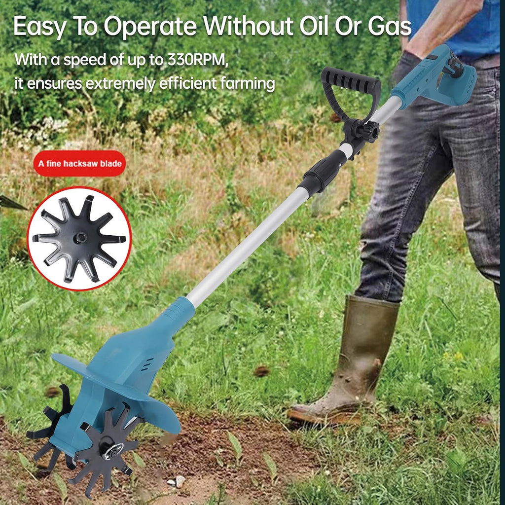 Asixxsix 21V Cordless Electric Cultivator, 330RPM Garden Tiller with 2 Rechargeable Batteries 1300mAh, Garden Cultivator for Lawn Gardening Soil (2 Batteries - Single Tine Cutter 110-240V US Plug)