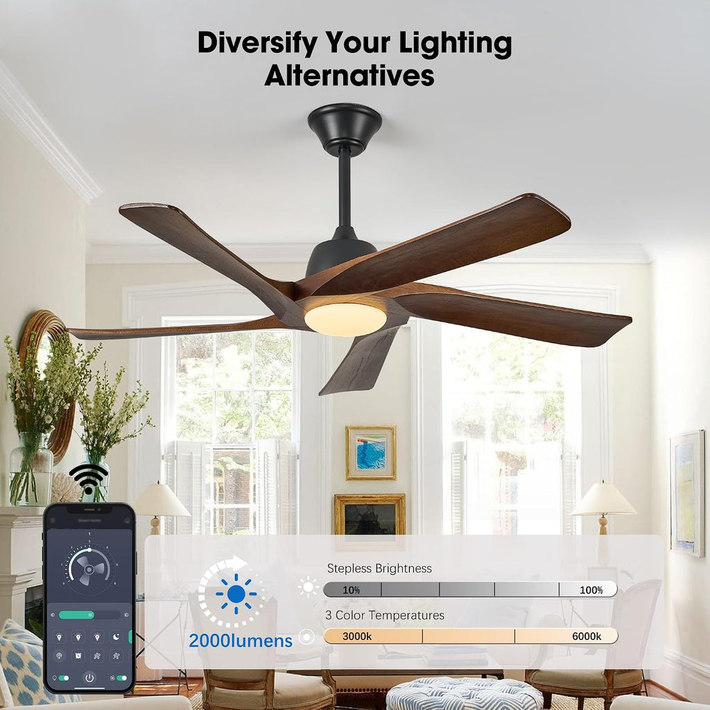 52' DC Ceiling Fan with Light, 5 Solid Wood Blades, Remote and APP Control, 3-color Dimmable, 6-speed Reversible, Quiet Ceiling Fan for Bedroom, Living Room, Dark Walnut