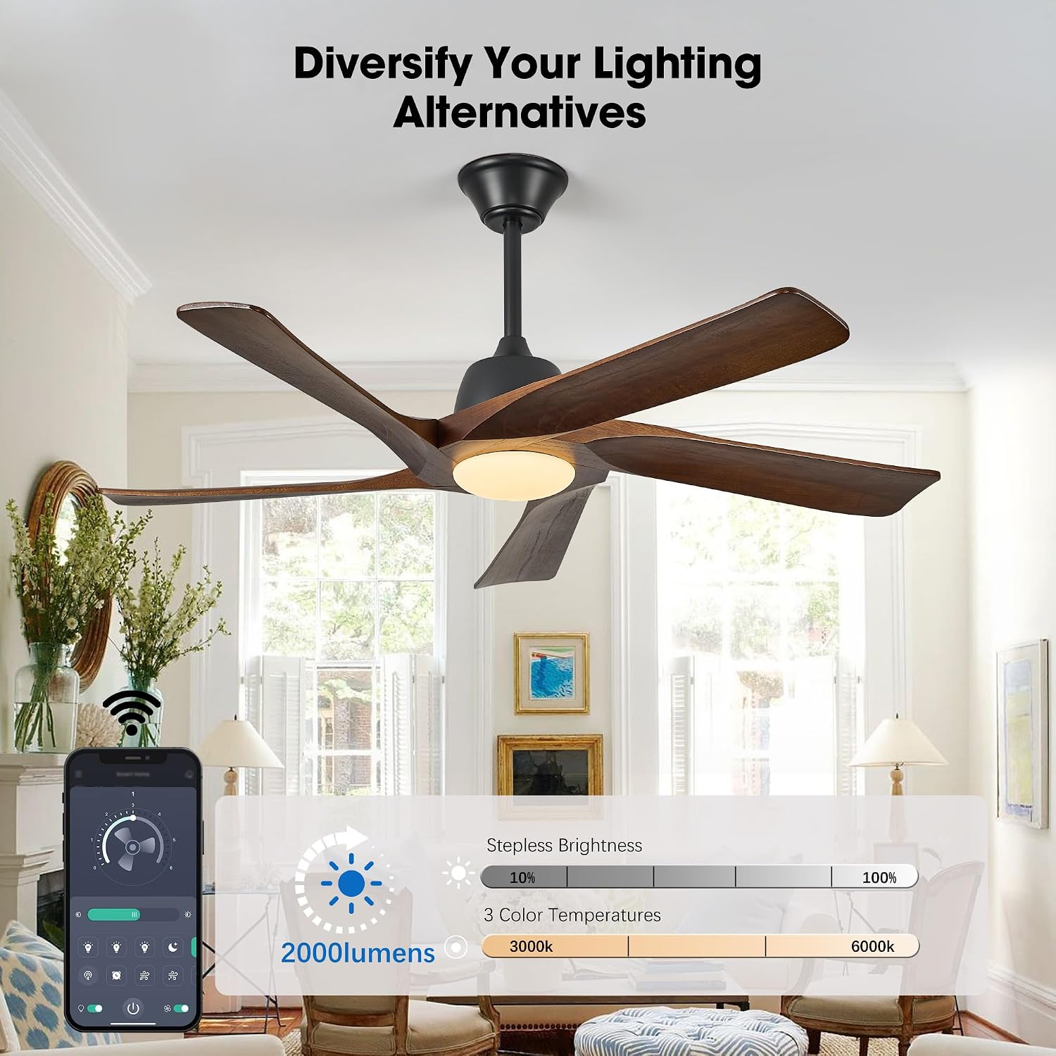 52' DC Ceiling Fan with Light, 5 Solid Wood Blades, Remote and APP Control, 3-color Dimmable, 6-speed Reversible, Quiet Ceiling Fan for Bedroom, Living Room, Dark Walnut