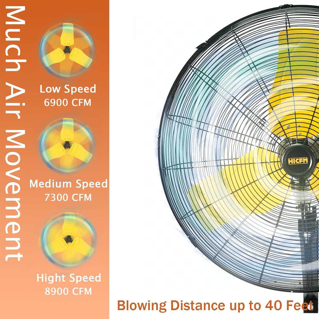 HiCFM 24' Oscillating Wall Fan, 8900 CFM High Velocity Industrial Wall Mounted Heavy Duty Shop Fans with 3 Speed Settings 80° Oscillation for Outdoor Commercial Garage Warehouse workshops Factory